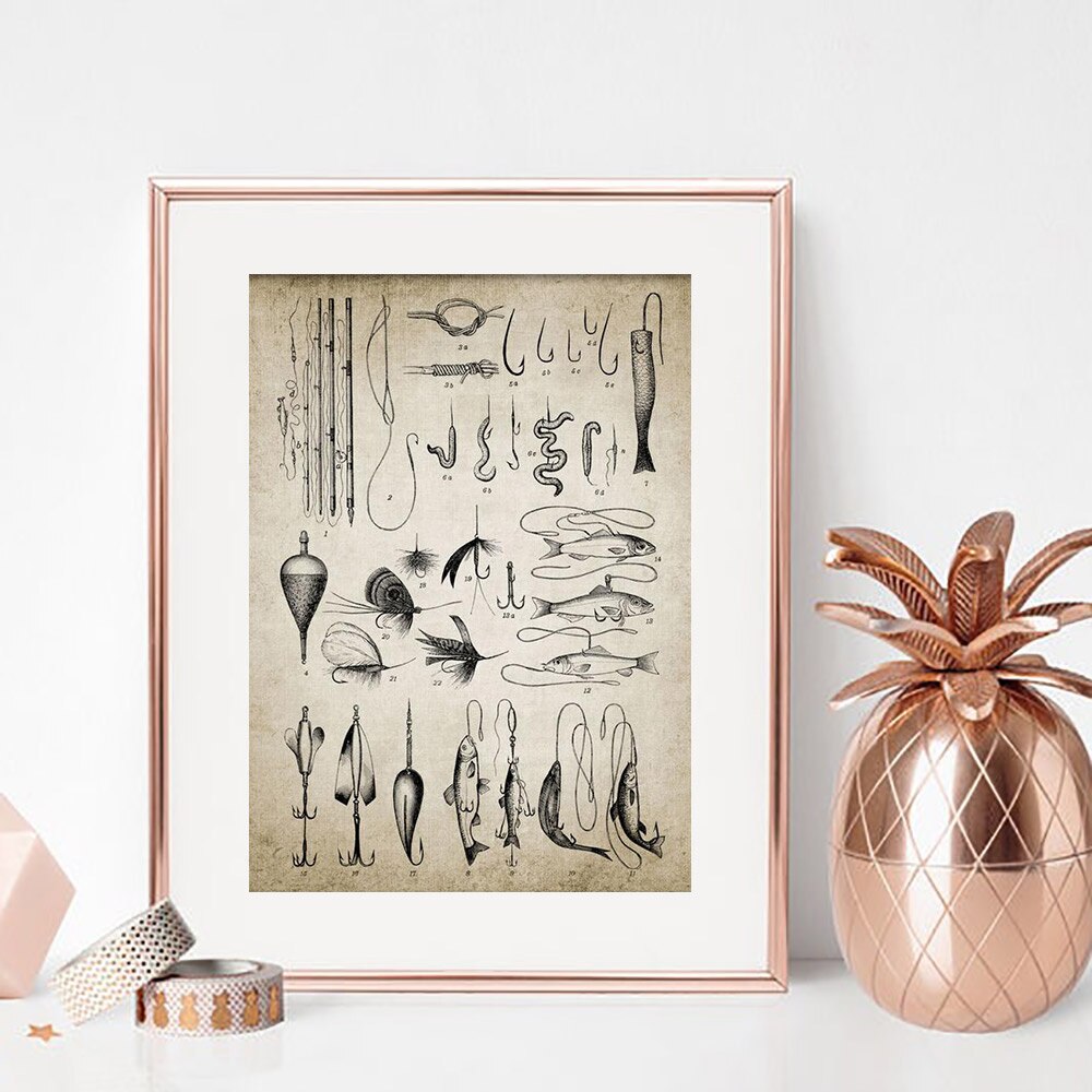 Fishing Lure Illustration Painting Fishing Poster Rod Hooks Wall Art Vintage Poster Angling Poster Kraft paper