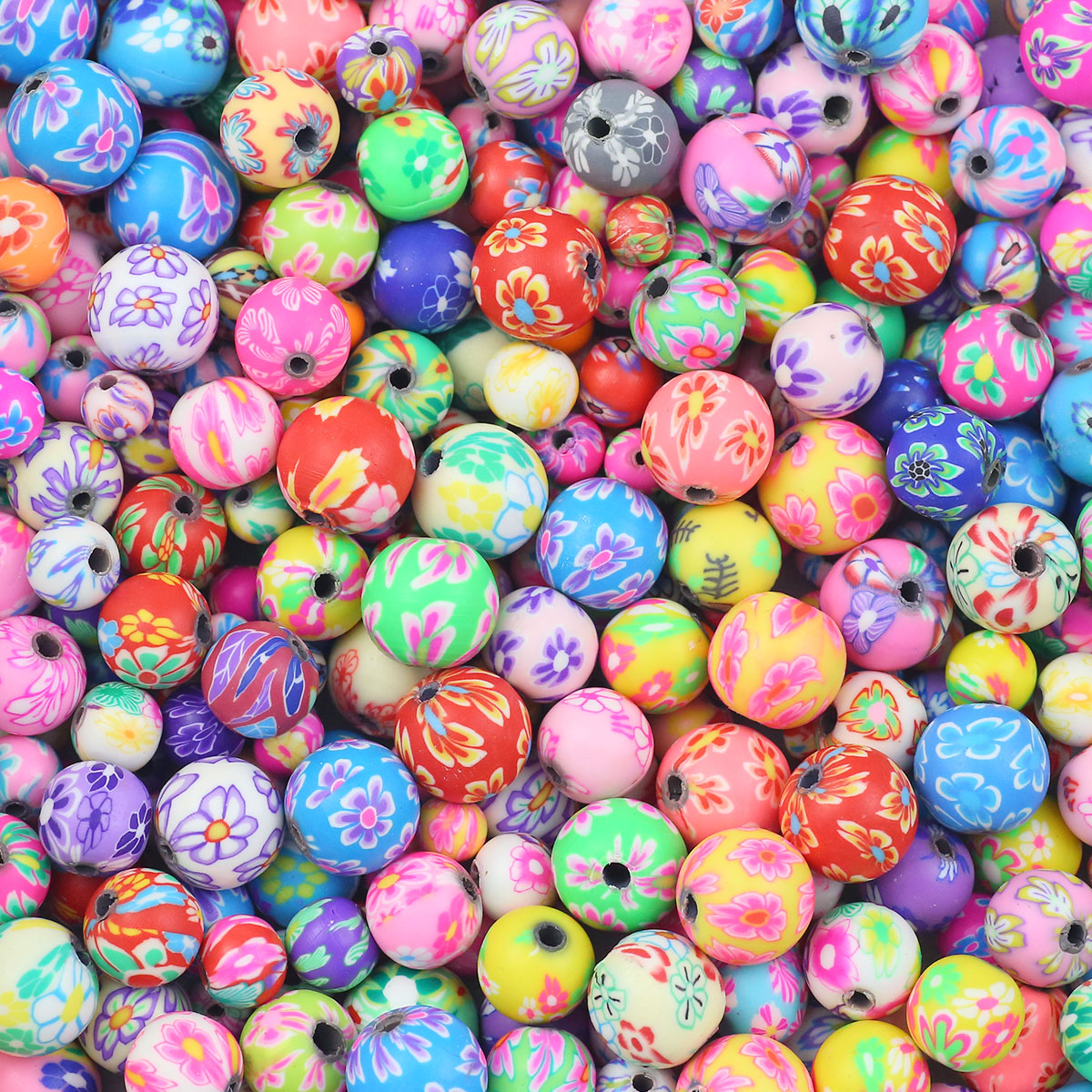 50 Uds. De cuentas redondas sueltas con patrón de flores de arcilla suave colorida de 6/8/10/12mm para fabricación de joyería, pulseras, collares, suministros para manualidades