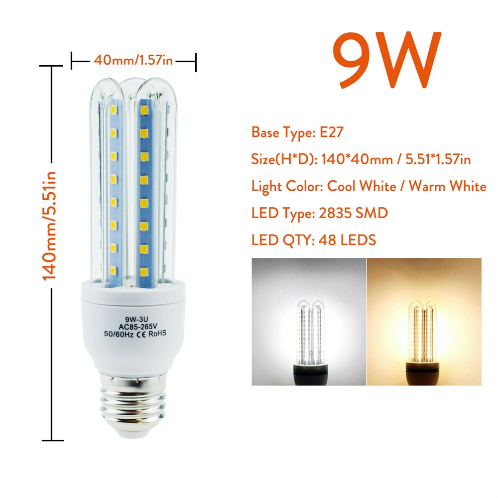3W 5W 7W 9W 12W ahorro de energía E27 bombillas LED de maíz tubo en U luces de inundación de neón fluorescentes 220V 110V lámparas para el hogar 360 ° Iluminación: YELLOW / RGB