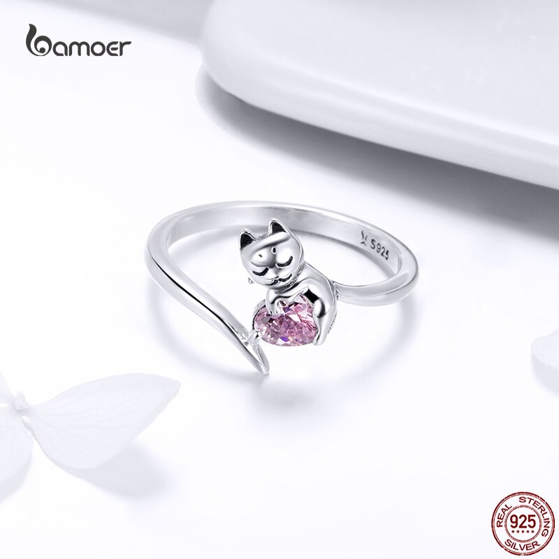 Bamoer anello in argento rosa gatto carino per ragazza Clear CZ anello in argento Sterling 925 a forma di cuore regalo squisito per gioielli da festa regolabile