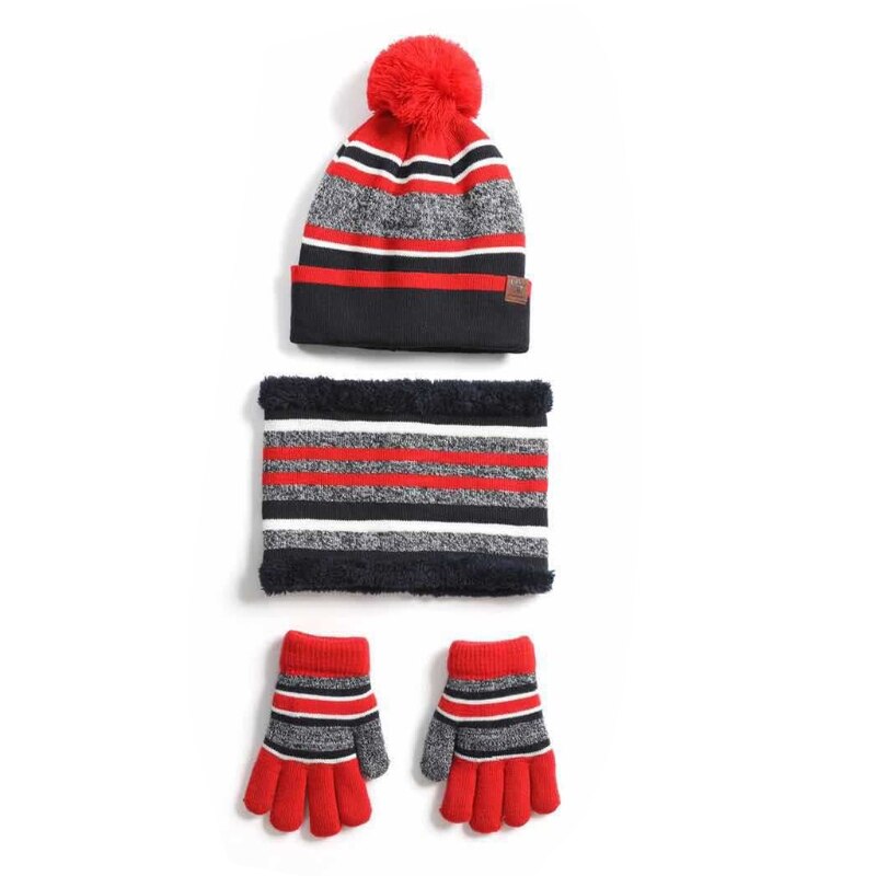 Bonnet, chapeau, écharpe, gants, ensemble de 3 pièces, tricot d'hiver pour enfants, couleur contrastée, rayé, peluche épaisse doublée, pompon, tête de mort: R