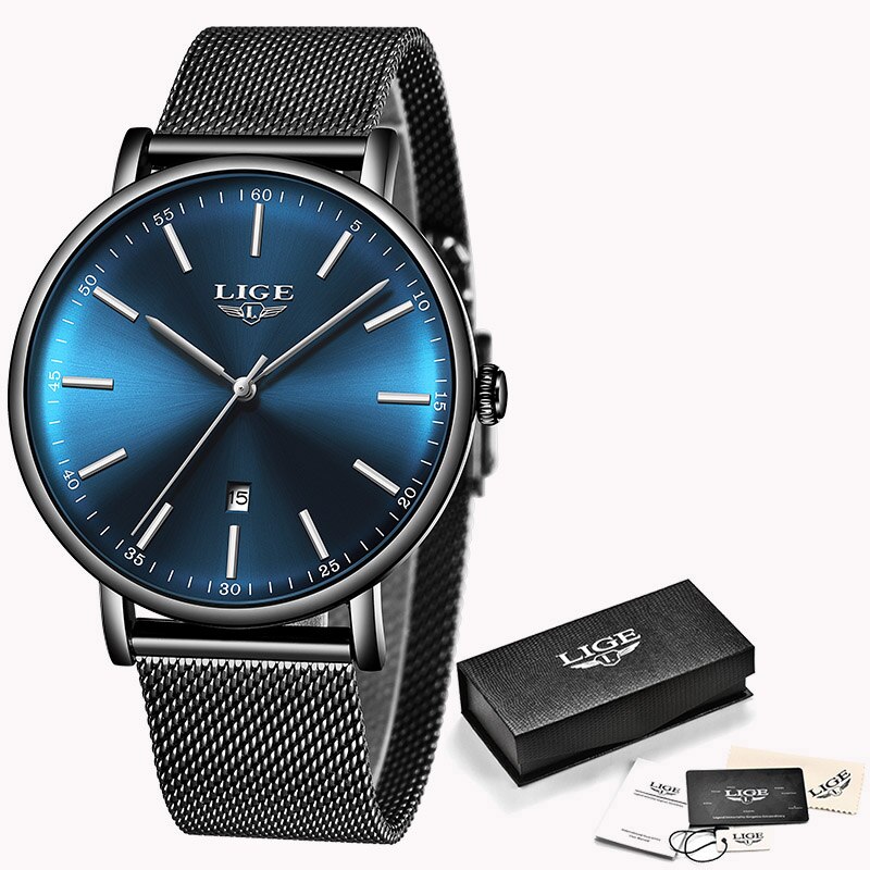 LUIK Vrouwen Horloges Rvs Mesh Riem Horloge Eenvoudige 8mm Ultra-dunne Quartz Klok Horloges Voor vrouwen + Box: black blue