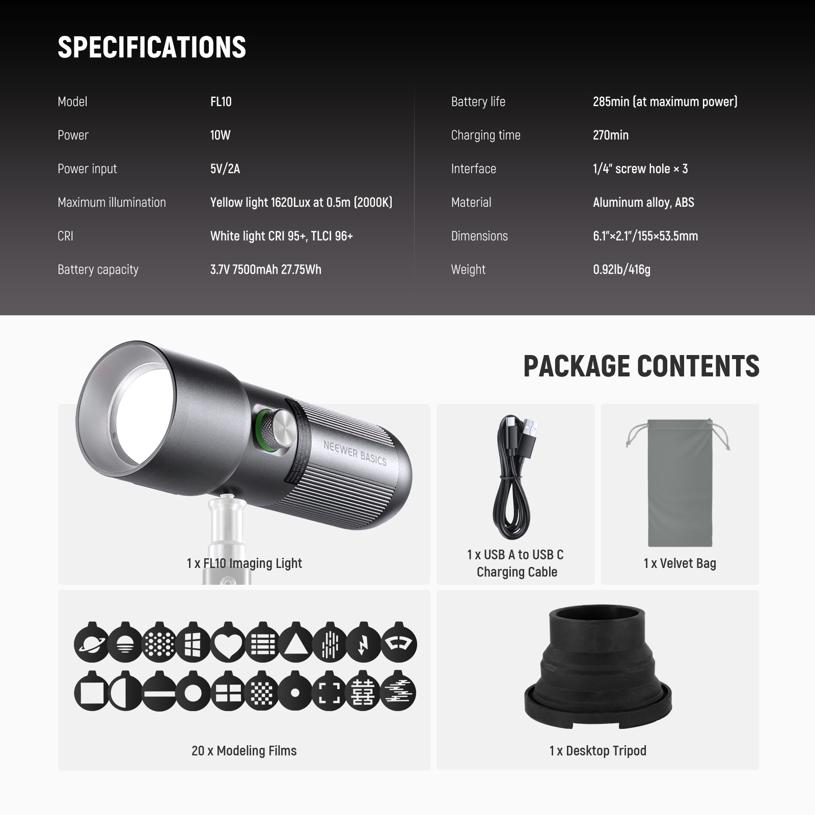 NEEWER BASICS FL10 LED Photography Flashlight with 4 Colors/20 Gobo Filters/7500mAh, 10W Portable LED Video Spotlight