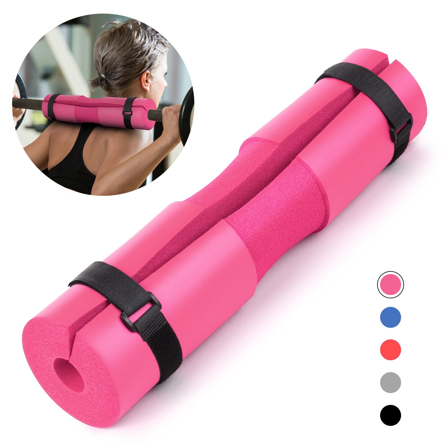 Barbell squat pad hals skulder beskyttende pad support med fastgørelsesbånd til squats lunges hoftestød vægtløftning bar pad: Lyserød