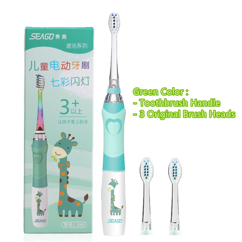 SEAGO Kinder Sonic Elektrische Zahnbürste Betriebene Wasserdichte LED Licht für 3-12 Alter Kinder Smart-Timer 3 Weichen Borsten pinsel Köpfe: Green Set
