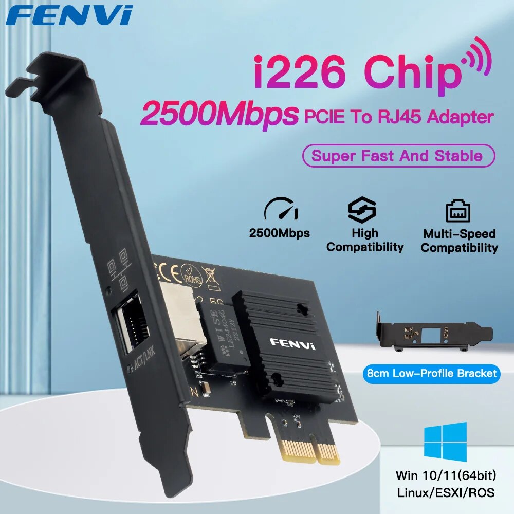 2500Mbps PCI-E To RJ45 Network Card I226 Chip Gigabit Ethernet 100/1000/2500Mbps RJ45 LAN PCIe Adapter For Laptop PC Win 10/11: Default Title