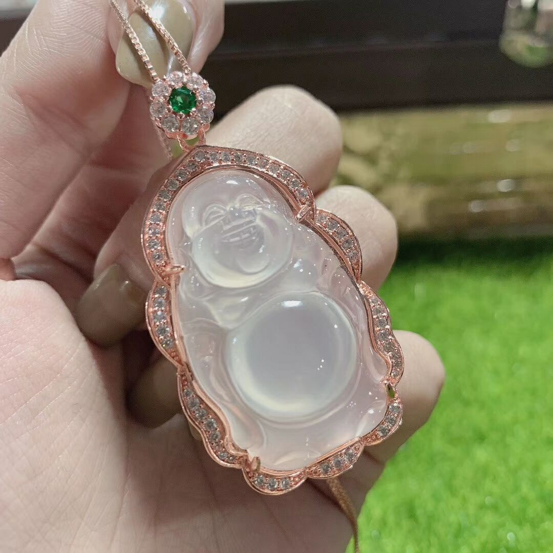 Natürliche Buddha weiß jade anhänger mit 925 sterling silber rose gold anhänger halsketten hinzufügen kette jade schmuck jade halskette