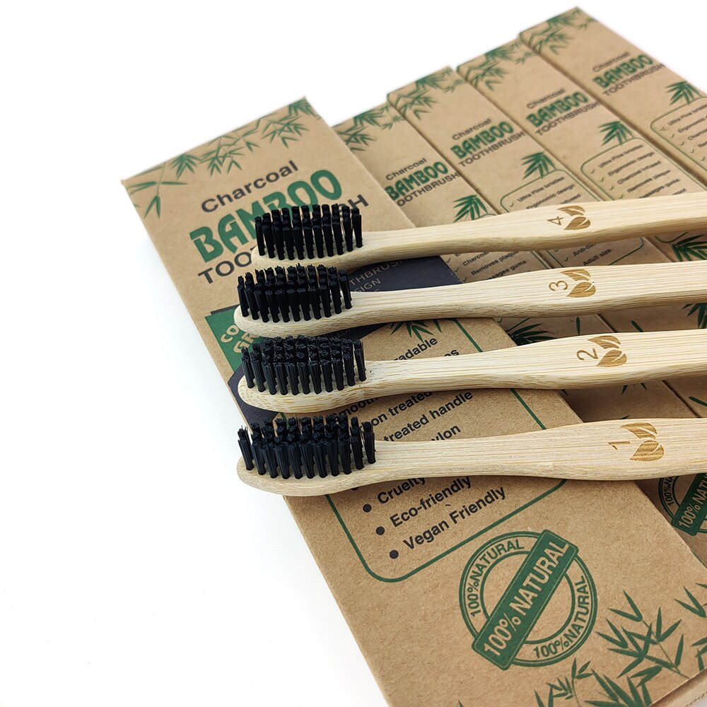 3 Style Bamboo Charcoal Toothbrush Biodegradable Teeth Brush Banister Brush/ Wave Shape Teethbrush Moderate hardness/ Flat Brush: 4Pcs Family Pack