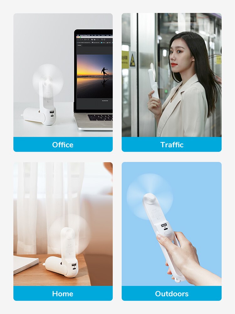 Jisulife Mini Ventilator Draagbare Ventilator 4800Mah Blijvende Stille Opvouwbare Usb Oplaadbare Ventilator Met Power Bank En Zaklamp Functie