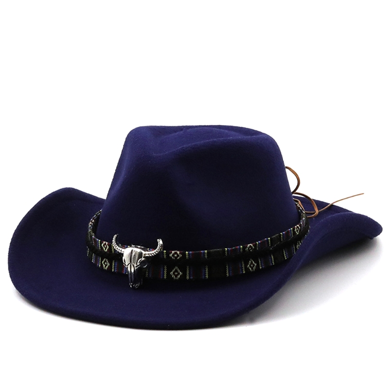 Retro Cow Head Western Cowboy Hat Big Brim Hat Cashmere Jazz Top Hat Cap for Hipster Trend Casual Outdoor Trend Sun Hat: Navy