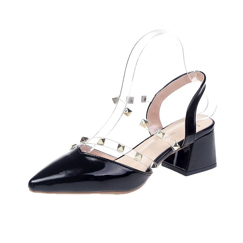 Hoge hakken dames zomer medium hak dikke hak puntige ondiepe mond enkele schoen klinknagel transparante damesschoen