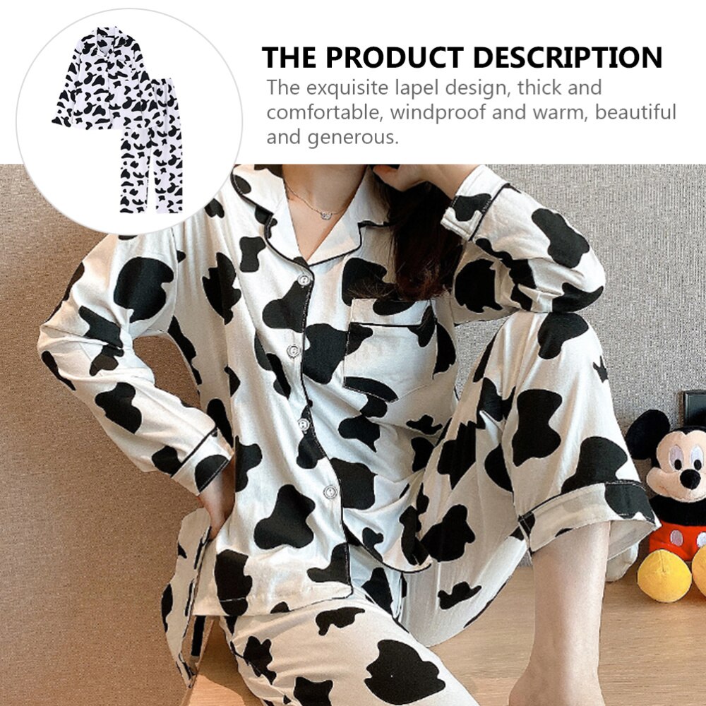 1 Set Ladies Long Sleeve Pyjamas Set Cow Pattern Sleepwear Trousers )