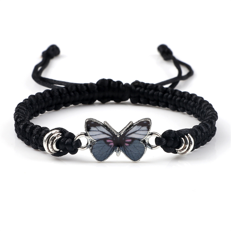 Grey Vlinder Hanger Armband Voor Vrouwen Handgemaakte Zwart Wit Touw Verstelbare Gevlochten Armbanden &amp; Bangles Fasion Meisjes Sieraden: Black