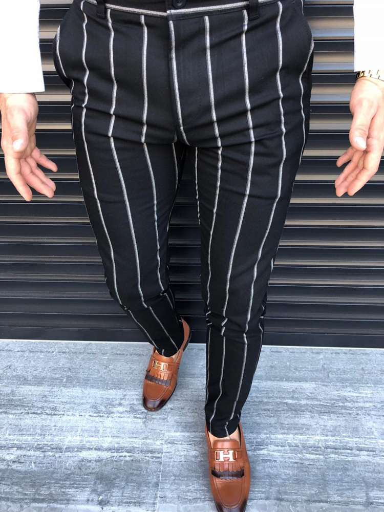 Men Dress Pants Men's Skinny Casual Trousers Slim Fit Business Pants Formal Striper Pants Slacks Trousers: Black / L