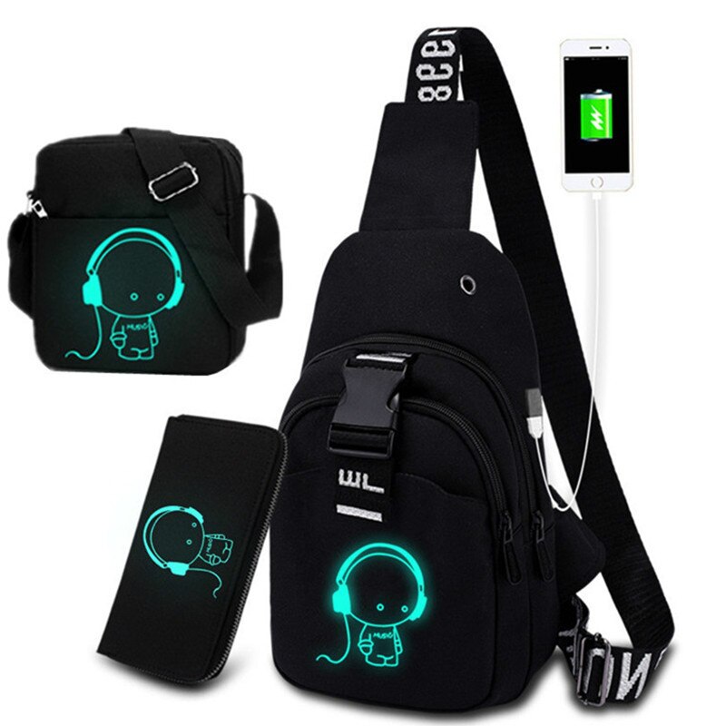 Multifunction moda masculina crossbody sacos de carregamento usb pacote de peito curto viagem luminosa saco de peito dos jovens bolsa de ombro único