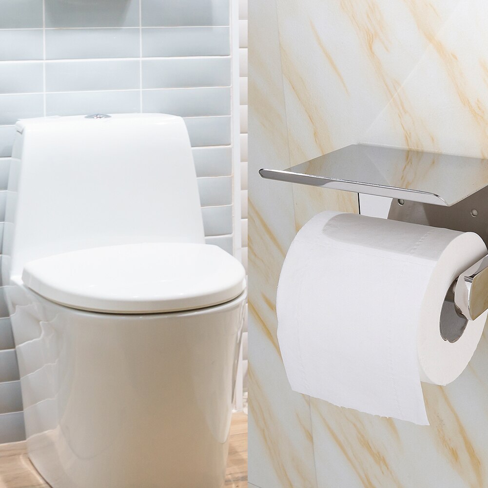 Rustfrit stål vægmonteret sølv toiletpapirholder silkepapirholder rulleholder med telefonopbevaringshylde adgang til badeværelset