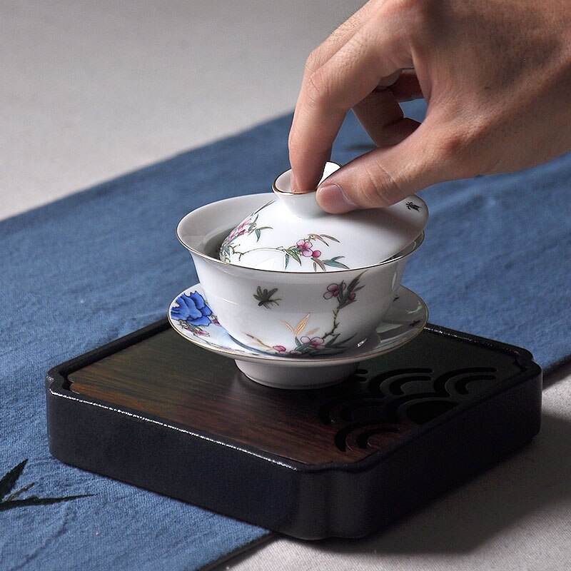 150ml gaiwan keramische porseleinen theepot met ondiep reliëfpatroon, drinkgerei, theeservies, theeceremonie, meesterlijke theekom met deksel, schotelset