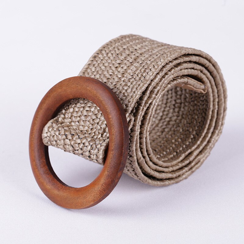 Boho Style Braided Straw Wide Belt Wooden Buckle Ladies Dress Belt Luxury Women: 2