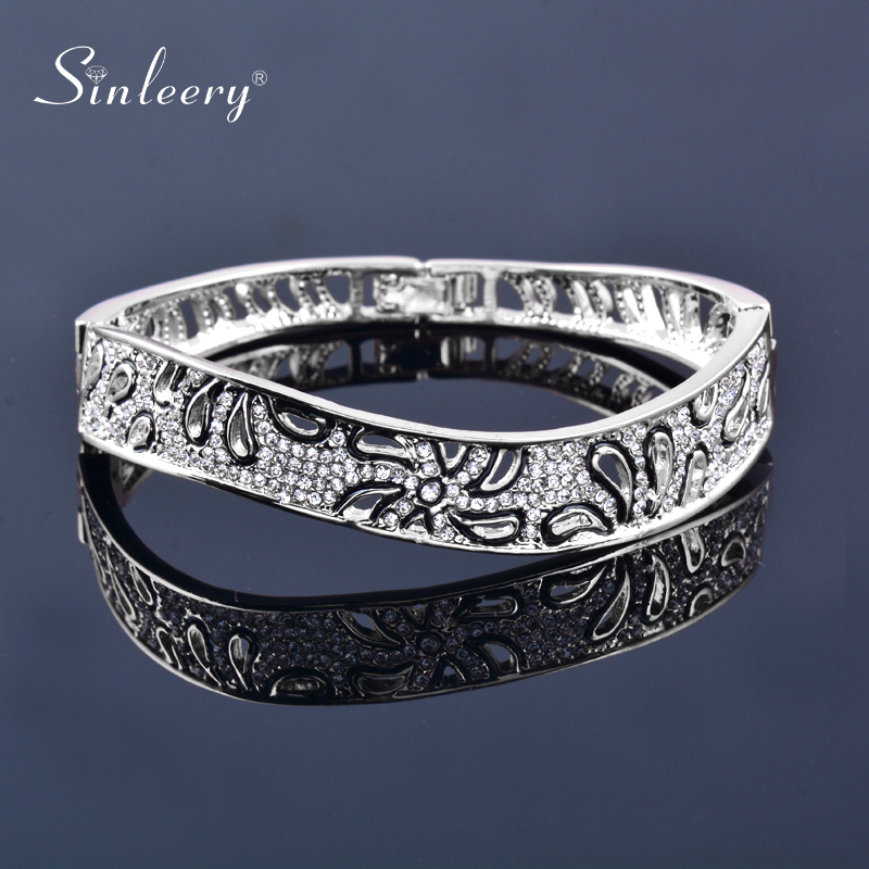 SINLEERY Luxury Hollow Flower Bangles For Women Rose Gold Silver Color Crystal Bracelets Best Friends SL092 SSI: white gold plated