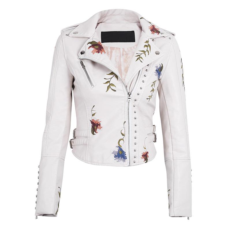 FTLZZ Ricamo Floreale di Stampa Delle Donne Dell&#39;unità di elaborazione Giacca di Pelle Turn-giù il Collare Del Faux Morbido Moto In Pelle Nera Corta Punk Tuta Sportiva: Beige / S