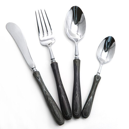Top 4pc/ sæt træskaft bestik rustfrit stål western food bestik sæt gaffel ske smør kniv spisestel sæt: Blackwoodenhandlemir