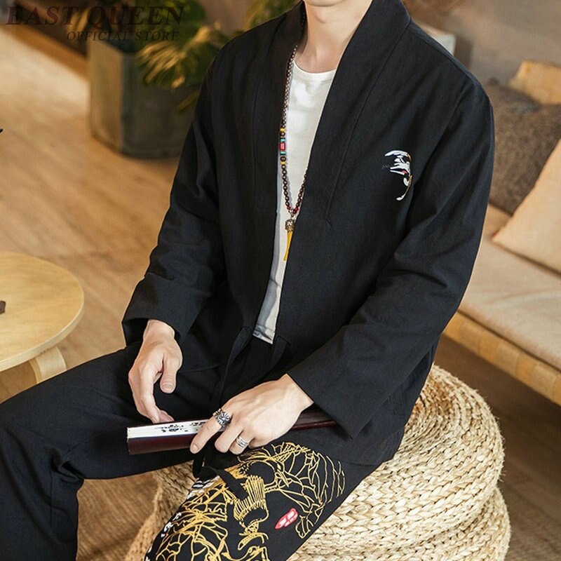 Kimono japonés Cárdigan para hombre Yukata, camisa de estilo chino, traje Samurai bordado con Grulla, ropa asiática Haori KK2946