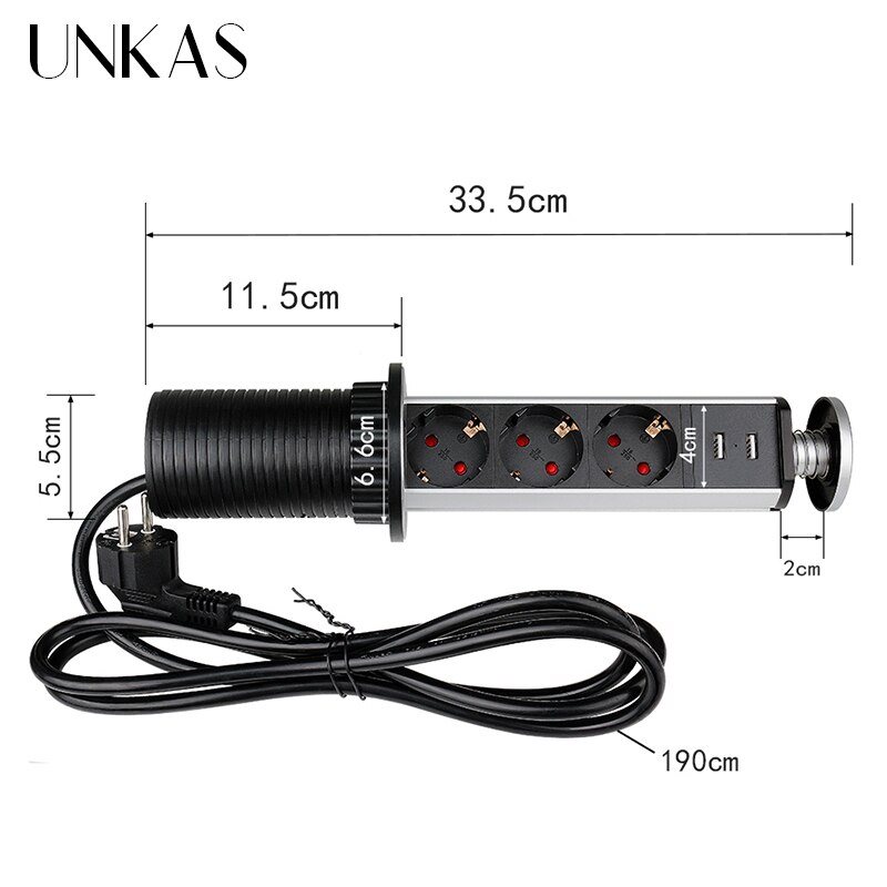 UNKAS 16A PULL POP UP 3 Power EU Socket Port Kitchen Table Desktop Sockets Retractable Countertops French Plug