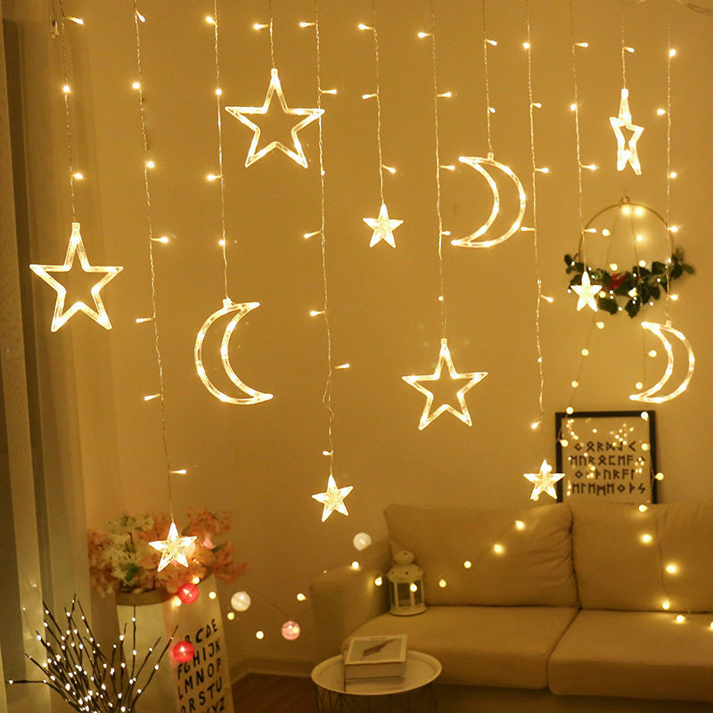 Cortina de luces LED con forma de luna y estrella para decoración, guirnalda de 3,5 M para Navidad, festividades, Año , cortina en la ventana