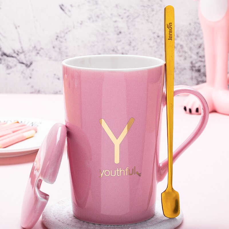 couple ceramic mug with lid spoon trend men and women household drinking cup personality milk coffee tea cup cup: P