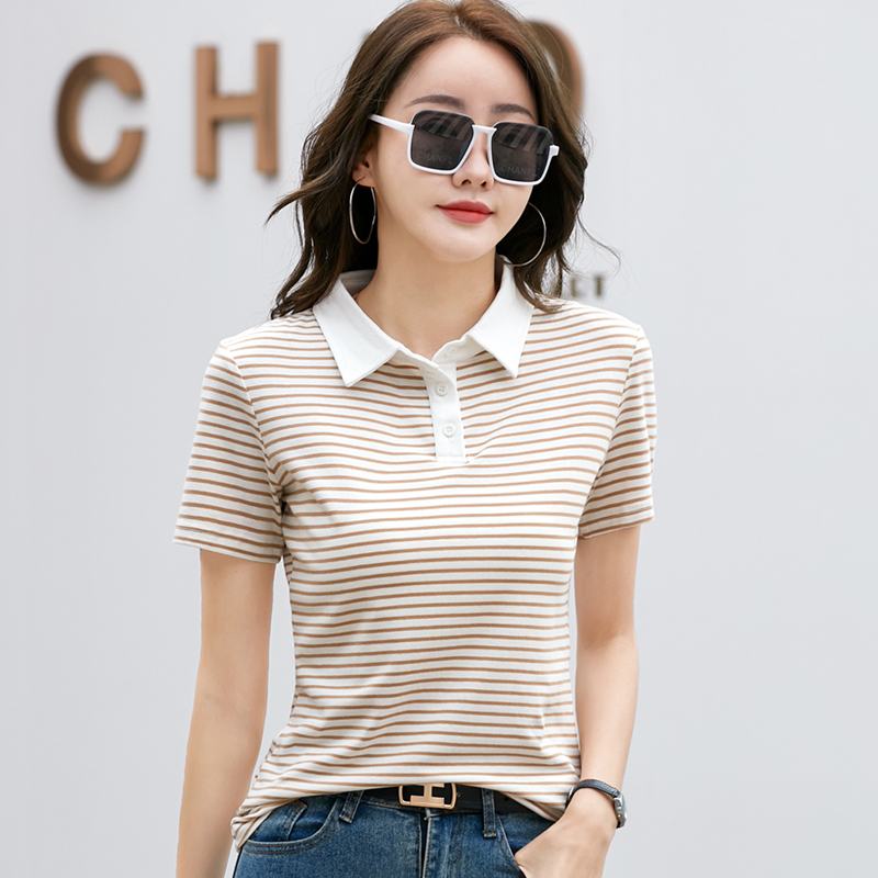 Korean Style Short Sleeve Polo Shirt Women Cotton Stretch Summer Tops Knitted Striped T-shirt For Women