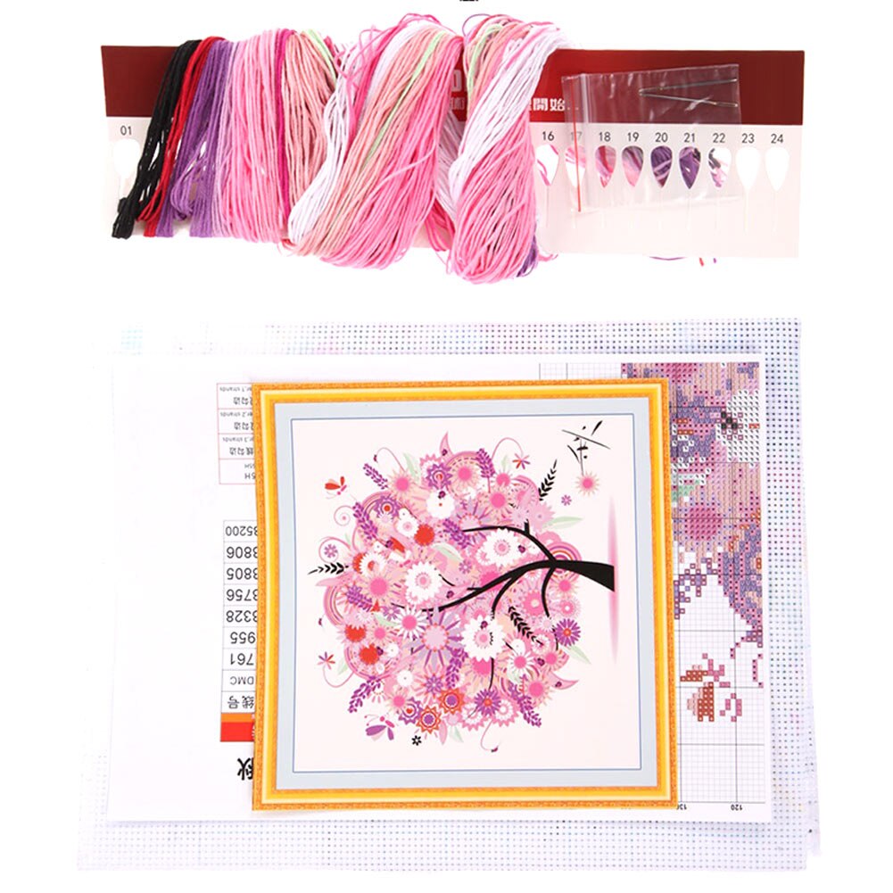 1 Pc Needlework DIY DMC Cross Stitch Sets Embroidery Kit Four Seasons Tree Cotton Thread Home Decor 45x45cm WXV: Pink