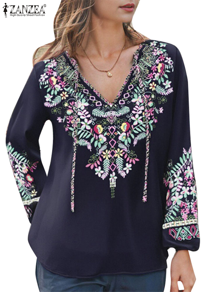Zanzea lente blouse met bloemenprint, bohemian shirts, casual damesblouses met lange mouwen, v-hals tops met vetersluiting, tuniek