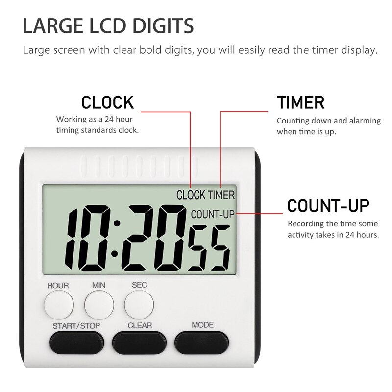 LCD Digital Kitchen Timer 3 Ways Cooking Timer Count-Down/Up Loud Alarm Clock 24h Memory Mode Kitchen Accessories