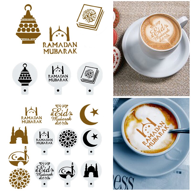 8Pcs Eid Mubarak Ramadan Koffie Bloem Spray Stencils Diy Cookie Koekjes Fondant Template Ramadan Kareem Cake Decorating Gereedschap