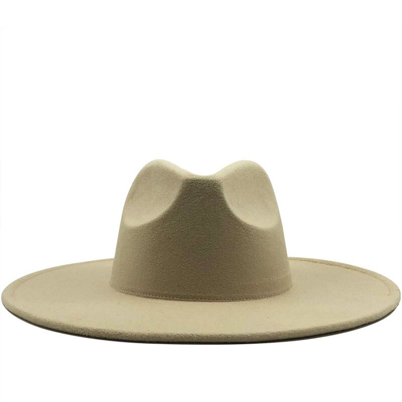 Simple british style vinteruld solid klassisk fedoras cap mænd kvinder panama jazz hat 9.5cm wide brim big fedoras: Beige