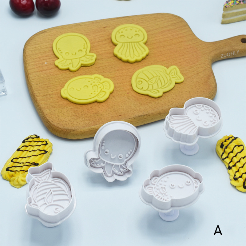 Molde para galletas de la serie de animales marinos, platillo de medusas del océano, cortador de galletas de émbolo DIY, juego de hornear, molde para glaseado de pasteles Fondant, 4 piezas