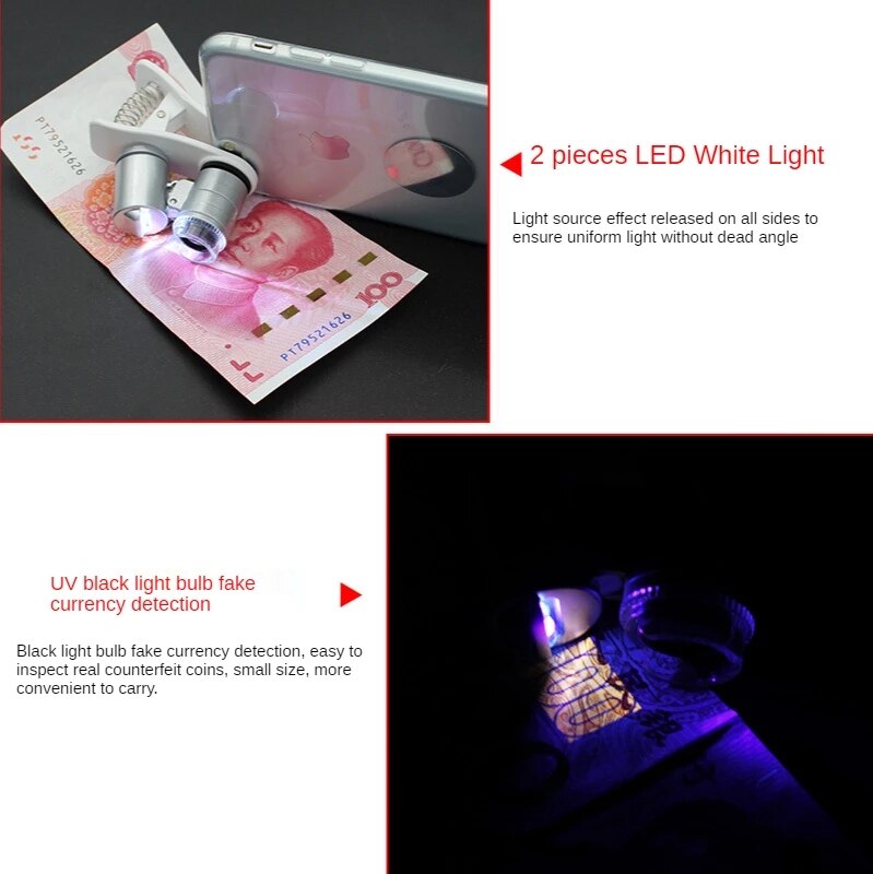 Tragbares foto-antikschmuck-prüfstempel-identifizierungsstempel-lupe mit 60x mini-lampen, hd-handy-mikroskop