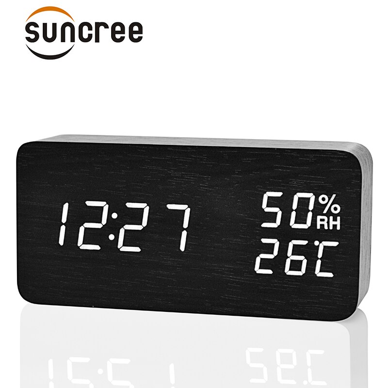 Suncree Wood Wooden LED Alarm Clock,Despertador Temperature Humidity Electronic Desktop Table Digital Clocks