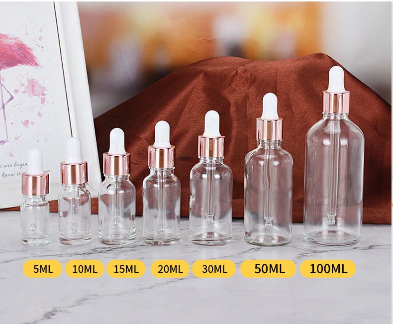 5-100ml rør gjennomsiktig dropper glass aromaterapi væske for essensiell massasje olje pipette etterfyllbare flasker rosa gull deksel