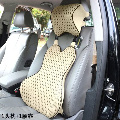 Breathable Car Seat Cushion Memory Foam Headrest Neck Pillow Lumbar Back Support Set Driver and Passenger Headrest Backrest: S2 Mesh Beige Set