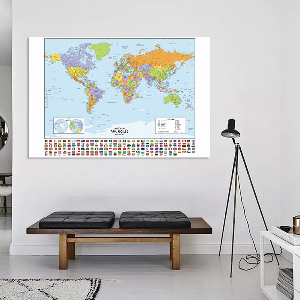 150*100cm Detailed Political Map of The World with National Flags Vinyl Canvas Painting Wall Poster Home Decor School Supplies