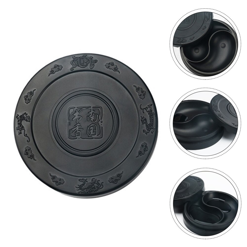 Practical Calligraphy Inkstone Tai Ji Shape Inkslab Round Inkstone with Lid