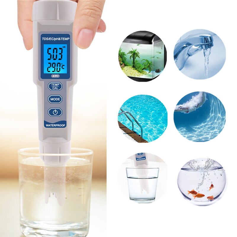 4 in 1 PH/TDS/EC/Temp Meter Waterproof PH Meter ATC Digital Water Monitor Tester for Pools Drinking Water Aquariums