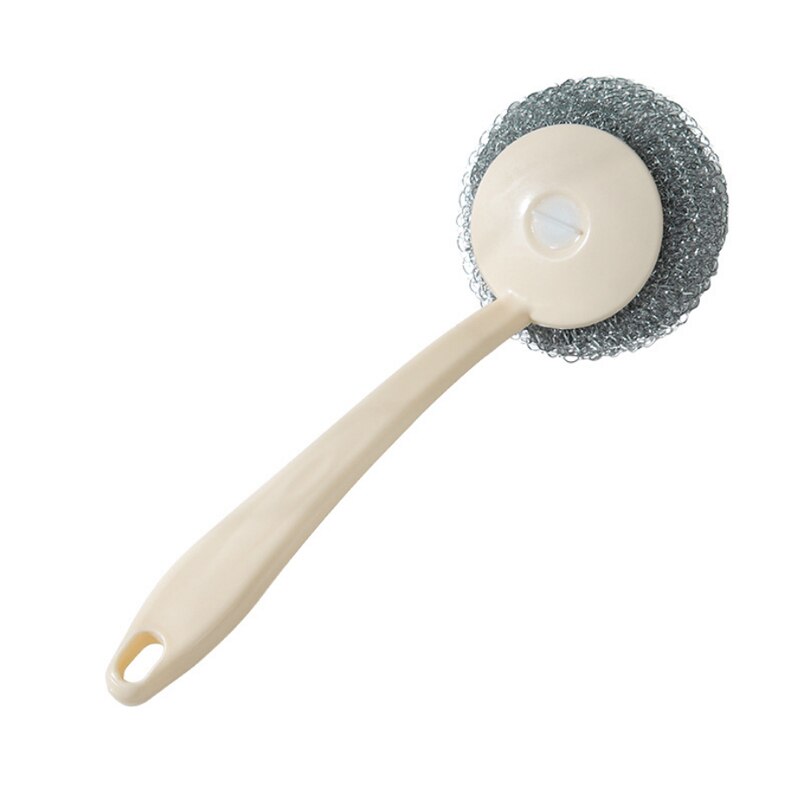 Stainless Steel Wire Ball Brushes Long Handle Wash Pot Bowl Tableware Brush Household Kitchen Brush Scrubber Cleaning Ball Tool: Beige