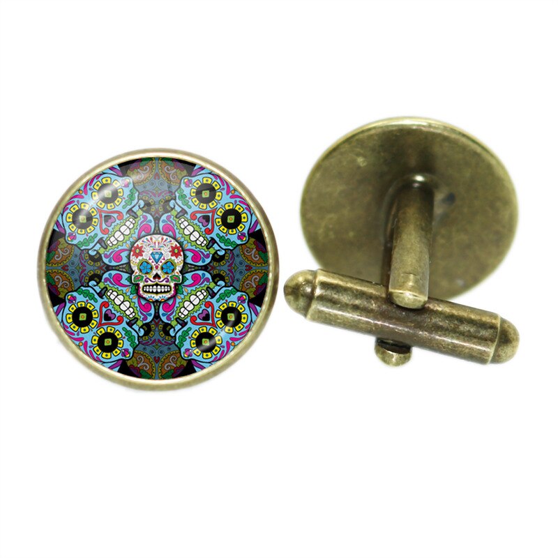 Boutons de manchette squelette Vintage pour hommes, verre rond, de crâne blanc, de mariage, chemise, costume, accessoires bijoux à la: Plaqué de cuivre antique