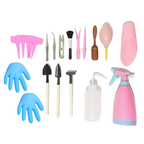 Minijuego de herramientas de jardín en miniatura, 21 Uds., juego de herramientas de jardinería para plantar suculentas, Kit de herramientas de trasplante, Kits de riego y riego: Rosa