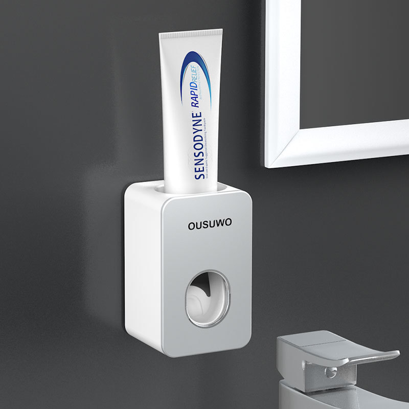 Automatisk tandpasta dispenser støvtæt tandbørsteholder vægmonteret stativ badeværelse tilbehør sæt tandpasta klemme: Hvid