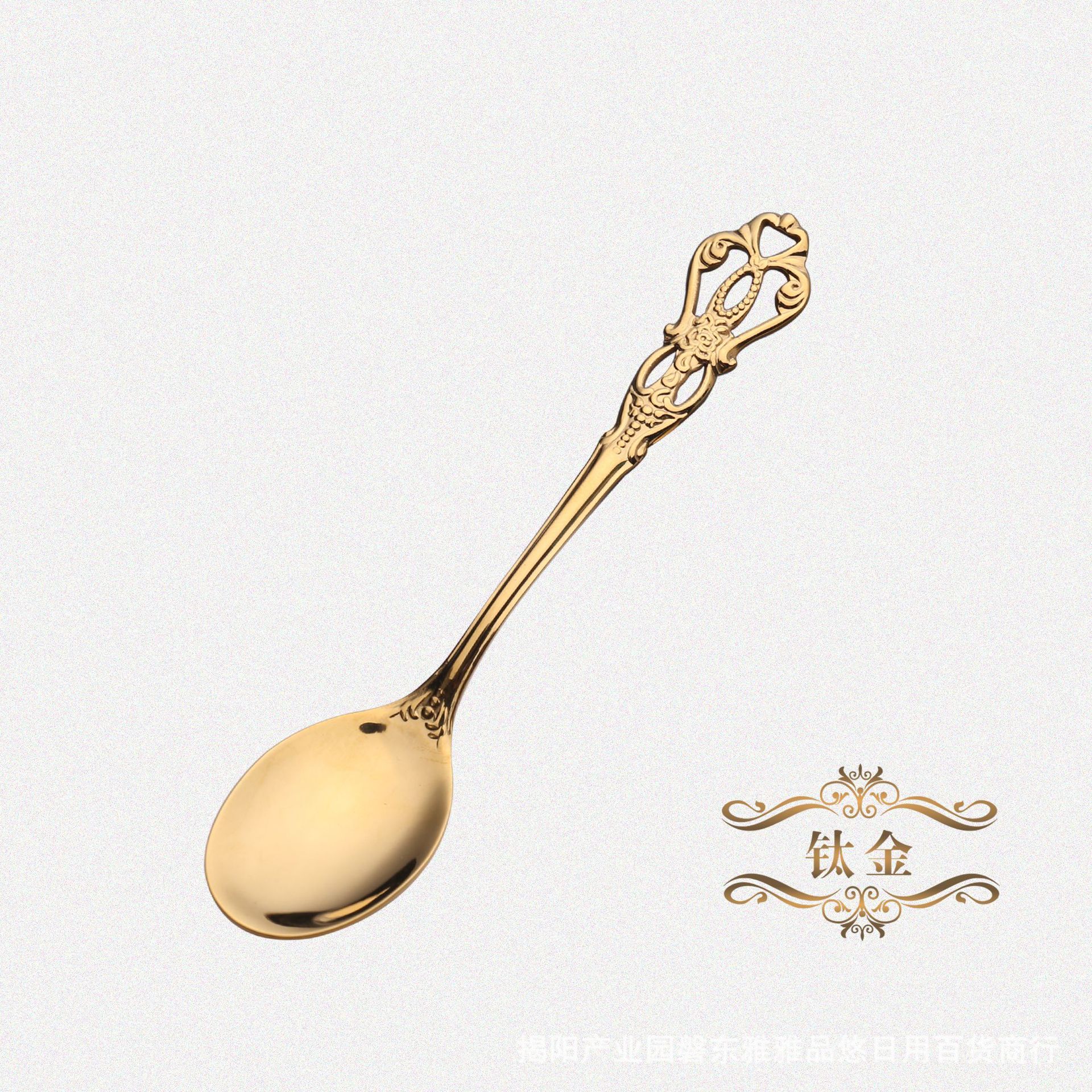 Stainless Steel Retro Spoon European Embossed Gold-plated Spoon Fork Hollow Coffee Spoon Dessert Fork Wedding Tableware Set: Golden spoon