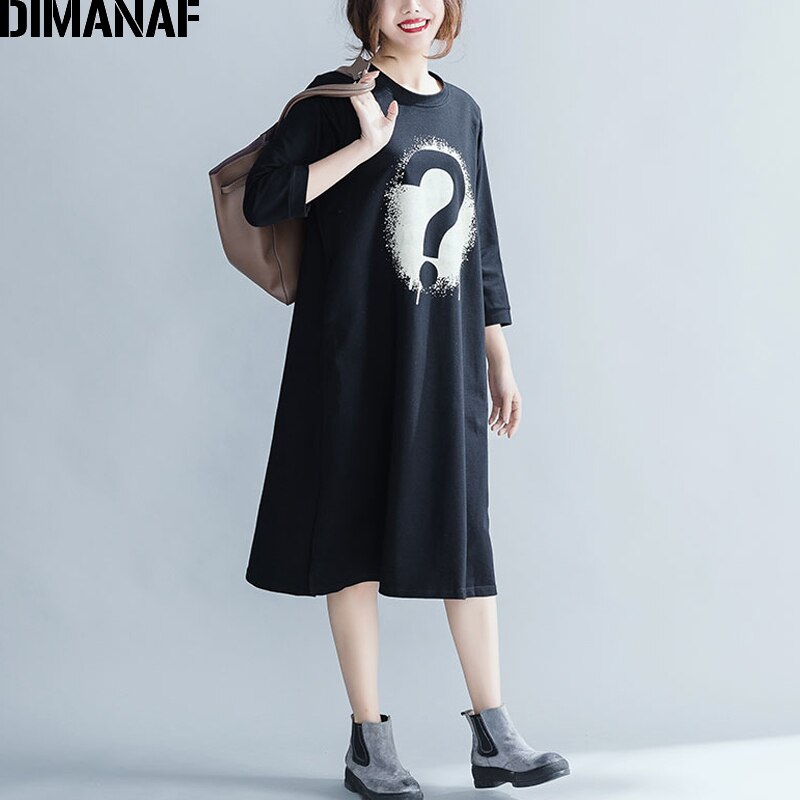 Dimanaf plus size höst kvinnor klänningar dam casual vestidos bomull tjocka tryck kvinnliga kläder lös grundläggande svart klänning