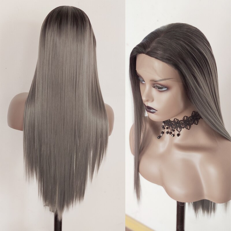 Grey Synthetic lace front wig black root to dark gray long straight wave wigs for women ombre colored Heat Resistant Wig 24 inch